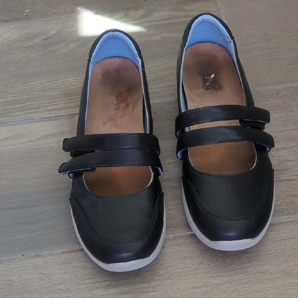 Vionic Double Strap Cala Black Leather Mary Jane Wedge Shoes